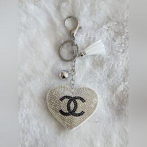 Chanel-Inspired Silver Crystal Heart Keychain with Black Logo Accent